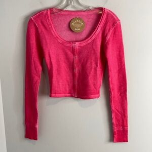 Sundown Bright Neon Pink Thermal Long Sleeve Cropped Snap Front Size Small